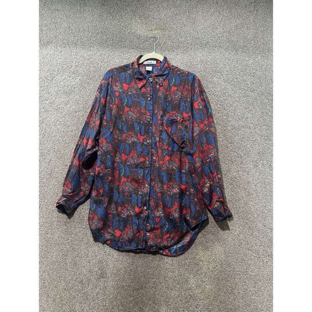 Punch Vintage 100% Silk Abstract Print Button Down Shirt Red Blue Mens Medium